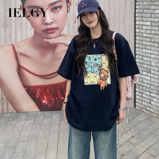Áo thun ngắn tay in hình cotton nguyên chất IELGY dáng rộng, đa năng và dễ thương dành cho nữ