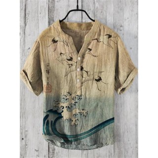 Nam Nhật Bản Thời Trang Nhỏ Cổ Chữ V Áo Sơ Mi henley Nam Vintage Nhật Bản Nghệ Thuật Mộc Lan Hoa Cổ Chữ V Áo Sơ Mi Thường Ngày