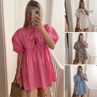 Stitchique _ Đầm Nữ Mùa Hè Ren Nơ Trang Trí Rỗng Ra Cổ Chữ O Da Báo Tay Ngắn Puff Màu Trơn Chữ A Xếp Ly Tiệc Hẹn Hò Đầm Mini