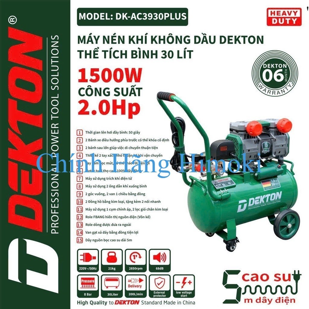 Máy Nén Khí Không Dầu Dekton DK-AC3930PLUS / 2HP/1500W/ Bình 30L - Lưu Lượng 200L/Phút . SHOP chính 