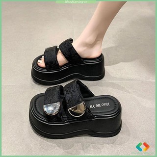 Dép đế dày 8cm Dép đế dày đế dày Dép nữ mùa hè Phong cách mới 2024 Dép xỏ ngón in hình Velcro