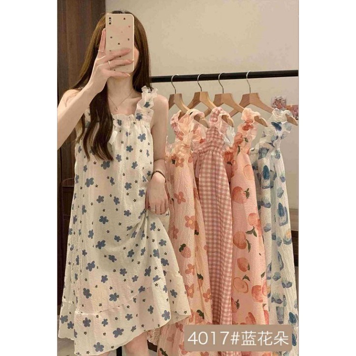 Váy ngủ cho nữ váy mặc nhà có đệm ngực chất đũi cho mùa hè phong cách ngọt ngào dễ thương