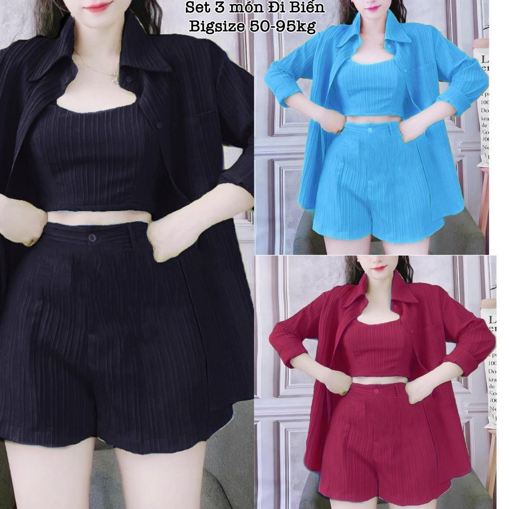 Set Bộ Quần Áo Nữ Đùi 3 Món Đi Biển Hot Hit Đi Chơi Diện Hè Có Bigsize Lụa Đũi Sọc Đôi Cao Cấp Xinh 
