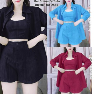 Set Bộ Quần Áo Nữ Đùi 3 Món Đi Biển Hot Hit Đi Chơi Diện Hè Có Bigsize Lụa Đũi Sọc Đôi Cao Cấp Xinh Xắn Giá Rẻ 50-100kg