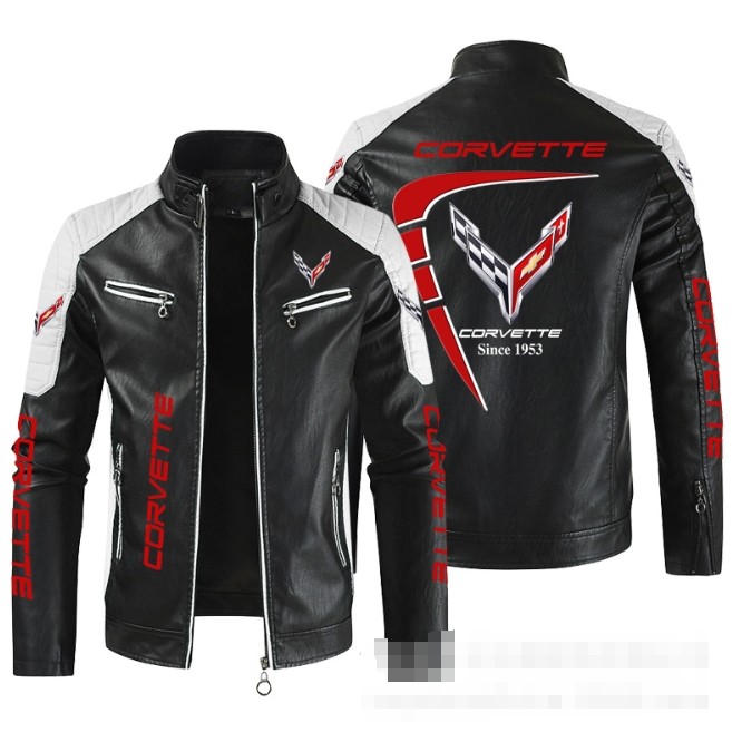 Corvette leather jacket, stand-up collar zipper design, C8, C7, C6, racing style, retro motorcycle c