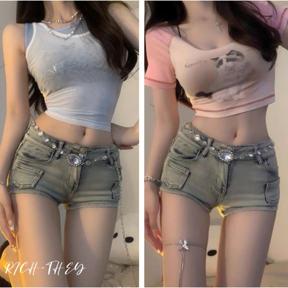 RICH-THEY Quần Short Denim Cạp Thấp Thời Trang Mới Phong Cách Quần Short Ống Rộng Retro, Quần Short Hông Cho Nữ | BigBuy360 - bigbuy360.vn