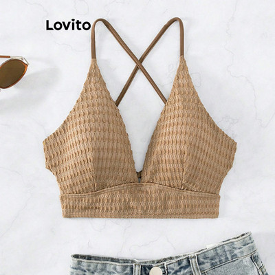 Lovito Kỳ nghỉ Bikini Top Plain Criss Cross Texture Fabric Bikini Top dành cho nữ LNL42167