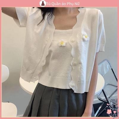 Cardigan m ng cardigan c ch V Dệt Kim Mỏng Nữ Mùa Hè Phiên Bản Hàn Quốc Tay Ngắn Áo Khoác Áo Khoác Ngoài Tính Khí Hoa Camisole Áo Ngắn