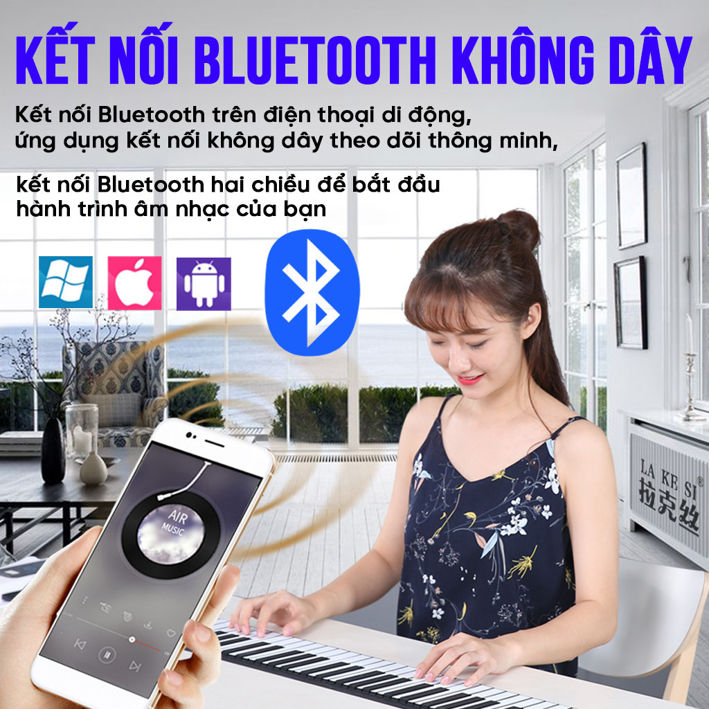 Đàn piano cuộn gấp gọn 88 phím kết nối bluetooth, micro, pin Lithium và tích hợp loa ngoài