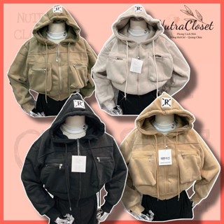 Áo khoác lửng croptop nỉ dệt xk thêu nón R túi hộp unisex nam nữ