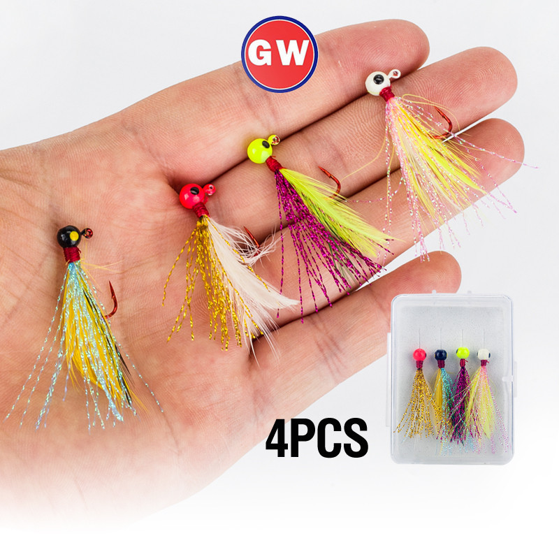 4 Cái / Hộp Bay Mồi Câu Cá Mini Jig Đầu Bóng Đầu Móc Câu Cá 0.9g Lông Jig Mồi Mắt 3D Câu Cá Jigging 