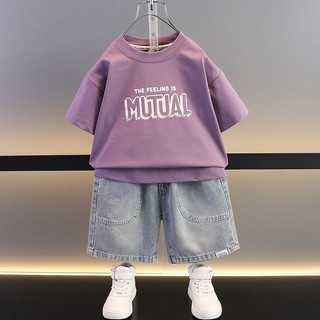  Bộ đồ áo thun ngắn tay cho bé trai Mùa hè 2024 Phong cách mới Trẻ em đẹp trai Thời trang Quần Short Denim bé trai hợp thời trang mùa hè