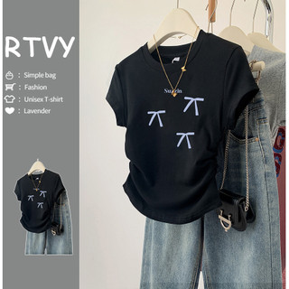 「RTVY」Áo thun ngắn tay in nơ mùa hè cổ điển hàng đầu dành cho nữ