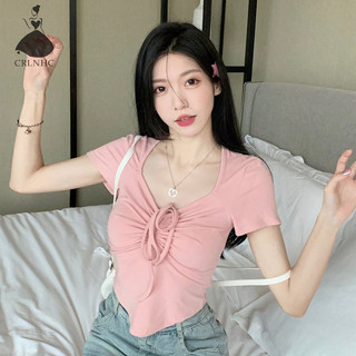 Crlnhc Mùa Hè Hàn Quốc Hot Girl Cổ Chữ V Tay Áo thun dây rút trơn thông thường cho nữ vn