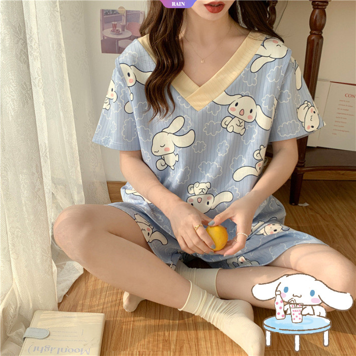 Phiên bản mùa hè Hàn Quốc Sanrio Cinnamoroll Phù hợp với nữ sinh viên Bộ đồ ngủ ngắn tay hoạt hình dễ thương Bộ đồ ngủ nữ dáng rộng [RAIN]