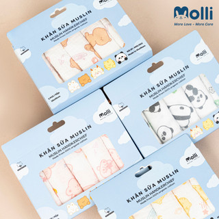 Set 5 Khăn Sữa Muslin Molli 2 lớp cotton 100% họa tiết đáng yêu cho bé, Kích thước 30x30cm