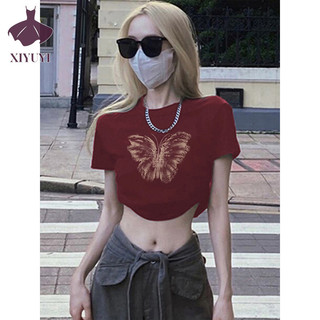 Xiyuyi Áo thun nữ cổ tròn mới in hình bướm tay ngắn crop Top