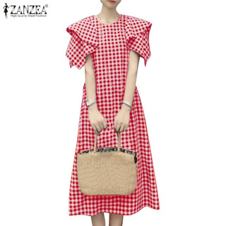 Zanzea Nữ Thời Trang Hàn Quốc Cổ Tròn Kẻ Sọc Xù Tay Váy Thanh Lịch
