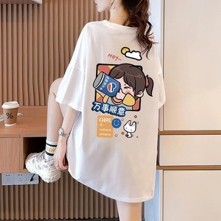 Hoạt Hình Sáng Tạo Dễ Thương Cô Gái Nhỏ In Hình Áo Thun Nữ Tay Ngắn Mùa Hè Rời Dài Vừa Cổ Tròn Top Instagram Thời Trang