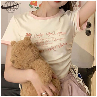 Áo thun nữ Kaisike Hot Girl Phong cách dây rút xếp ly đơn giản Màu tương phản ngọt ngào và cay tay ngắn