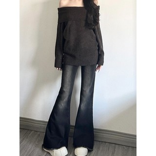 Yuewen Đen Frayed Micro-Flared Quần jean nữ dáng rộng eo rộng Quần móng ngựa thẳng T