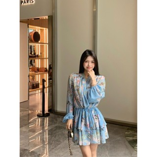 Phong Cách Kỳ Nghỉ Voan Cổ Chữ V Dài Tay Áo Liền Quần Nữ Tính Khí Mùa Hè Đầm Hoa