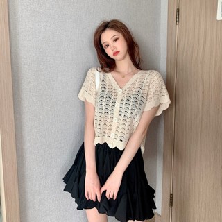 Mx Real Shot Phong Cách Mỏng Rỗng Áo Sơ Mi Ren Ngắn Tay Top Nữ Pháp Niche Tất Cả Trận Đấu Áo Cardigan Đơn Hai Dây Mùa Hè MX 24613