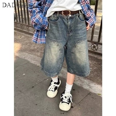 DaDuHey New American Ins High Street Retro Denim Shorts Niche High Waist Wide Leg Pants Large Size Hot Pants
