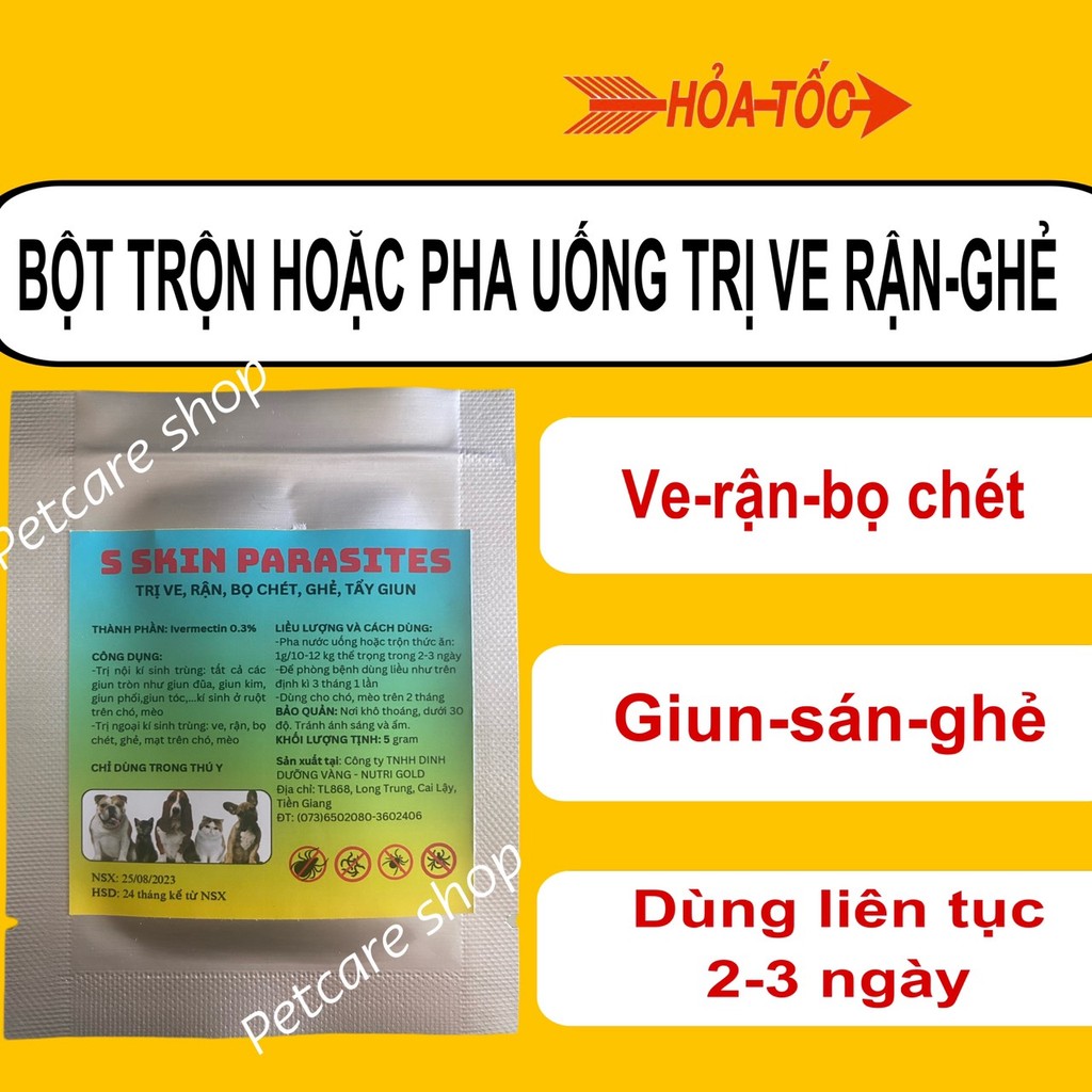 (Mua 5 tặng 1) Bột Trộn Thức Ăn Hoặc Pha Nước Uống Trị Ve-Rận-Bọ Chét-Ghẻ Chó Mèo
