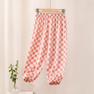 IKIDS Quần chống muỗi trẻ em quần kẻ sọc nam và nữ quần điều hòa không khí cotton lụa thoáng khí quần lồng đèn quần kẻ caro bé gái