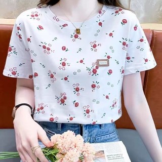 Phong Cách Hàn Quốc Rời Cổ Tròn Áo Thun Nữ Thiết Kế Mùa Hè In Hình Áo Thun Mới Phổ Biến Phao Đơn Giản Đỏ Hoa Tay Ngắn Top 4GFS
