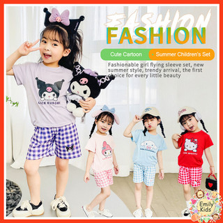 Bộ đồ bé gái có sẵn 2-10 tuổi Phim hoạt hình hợp thời trang mùa hè dành cho trẻ em Áo Hello Kitty và quần short ca rô hai mảnh cho bộ bé gái
