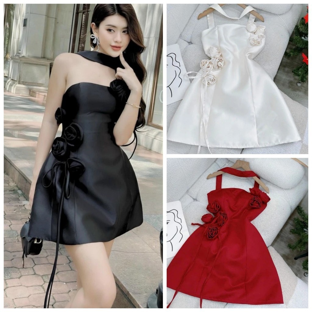 Đầm Dự Tiệc Cúp Ngực Phối Hoa Hồng Kết Thủ Công Keelin BY8610