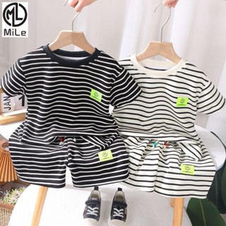 [Ml] Bộ đồ áo thun ngắn tay 80-150cm dành cho trẻ em Mùa hè Phong cách mới cho bé trai bé gái Quần Short ngắn tay sọc giữa nhỏ thường ngày