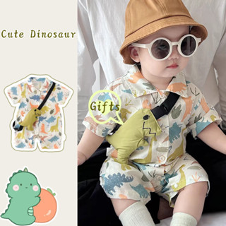  Bộ áo liền quần Polo ngắn tay cho bé trai và bé gái mới mùa hè + Túi đeo chéo dinosur 0-24 tháng tuổi cho trẻ sơ sinh Váy siêu đẹp trai hoạt hình mỏng với búp bê Dinodaur 