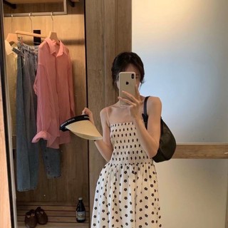 Mùa Hè 2024 Phong Cách Mới Hoa Sling Đầm Phiên Bản Hàn Quốc Gợi Cảm Dây Chữ a Giữa Chiều Dài Váy Chữ a Váy Dài