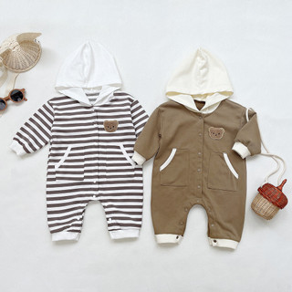 2024 Cho Bé Jumpsuit Mùa Xuân Thu Đông Quần Áo Sọc Gấu Jumpsuit Sơ Sinh Có Mũ Trùm Đầu Áo Liền Quần Nam Nữ Cho Bé Hợp Thời Trang