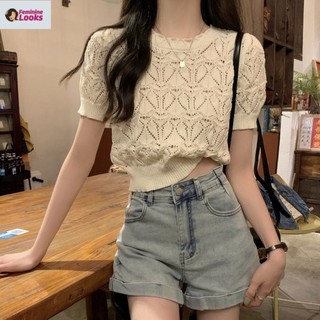 Áo thun dệt kim cổ tròn ngắn bằng lụa băng mỏng eo cao Slim Top Q4XD