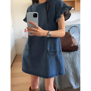 Đầm Denim cổ tròn sang trọng phong cách Hàn Quốc