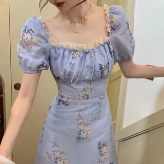 Mùa Hè Phong Cách Mới Pháp Retro Thời Trang Tay Phồng Cổ Vuông Khâu Đầm Eo-Tight Nghệ Thuật Cao Cấp Cảm Giác Váy Hoa