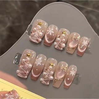  Móng tay làm đẹp móng tay Ngôi sao Bông tuyết mắt mèo trắng Giáng sinh ngắn thu đông