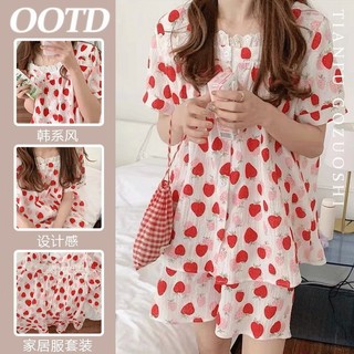Bộ Đồ Ngủ Nữ Ngọt Ngào Ren Dâu Mùa Hè Phong Cách Mới Quần Short Tay Ngắn Ánh Sáng Thoải Mái Cô Gái Thường Ngày Homewear Phù Hợp Với
