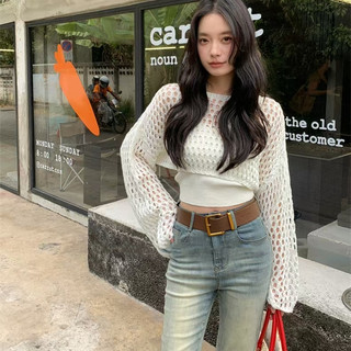 Bộ hai mảnh Nữ Mỏng Rỗng Dệt Kim Top Chống Nắng Áo Thun Ngắn + Áo vest
