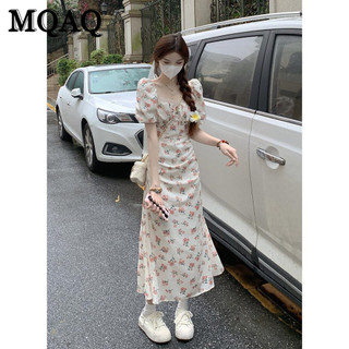 Đầm hoa MQAQ Pháp dành cho nữ mùa hè 2024, thiết kế mới, buộc dây lưng hở lưng, eo thon gọn, váy nghỉ trà tay ngắn