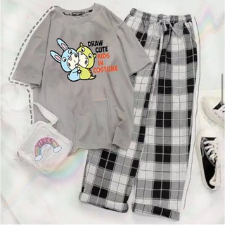 Sét áo phông Draw + quần karo xanh, Áo thun nam nữ, from rộng mặc thoải mái DVGIT