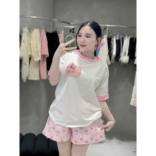 Set bộ tăm lạnh áo tay ngắn viền sọc mix quần short đùi hoạ tiết dễ thương 4g140085