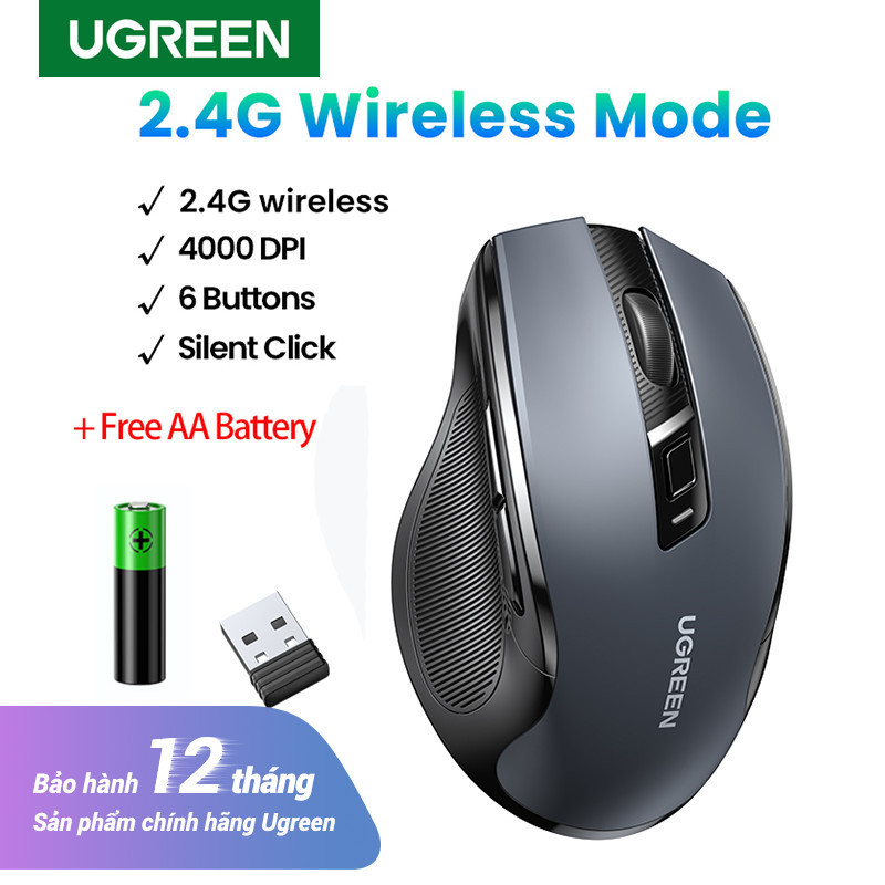 Chuột Không Dây Ugreen 15063 MU006, 6 nút im lặng 5 Cấp Độ 4000DPI 2.4G (Tặng kèm Pin)