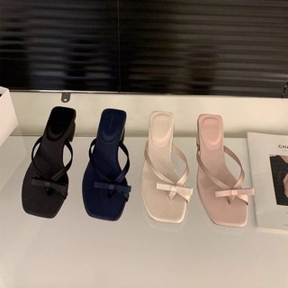 Nơ nữ sandal bao mũi vuông gót giày sandal cao su