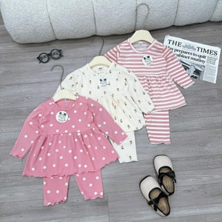 (COMBO 3 Bộ) quần áo thun tăm dài tay thu đông họa tiết in kín và kẻ sọc cho bé gái size 6-16kg