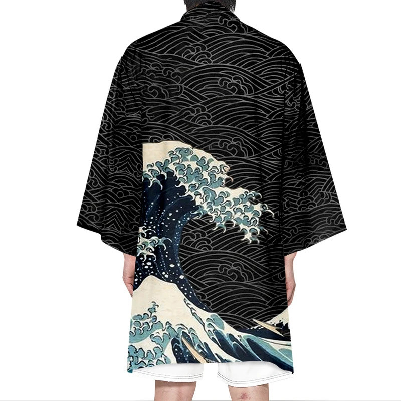 Ukiyo-e Samurai Kimono truyền thống Nhật Bản dài Kimono sành điệu Haori Kimono Vintage Wave In Unise